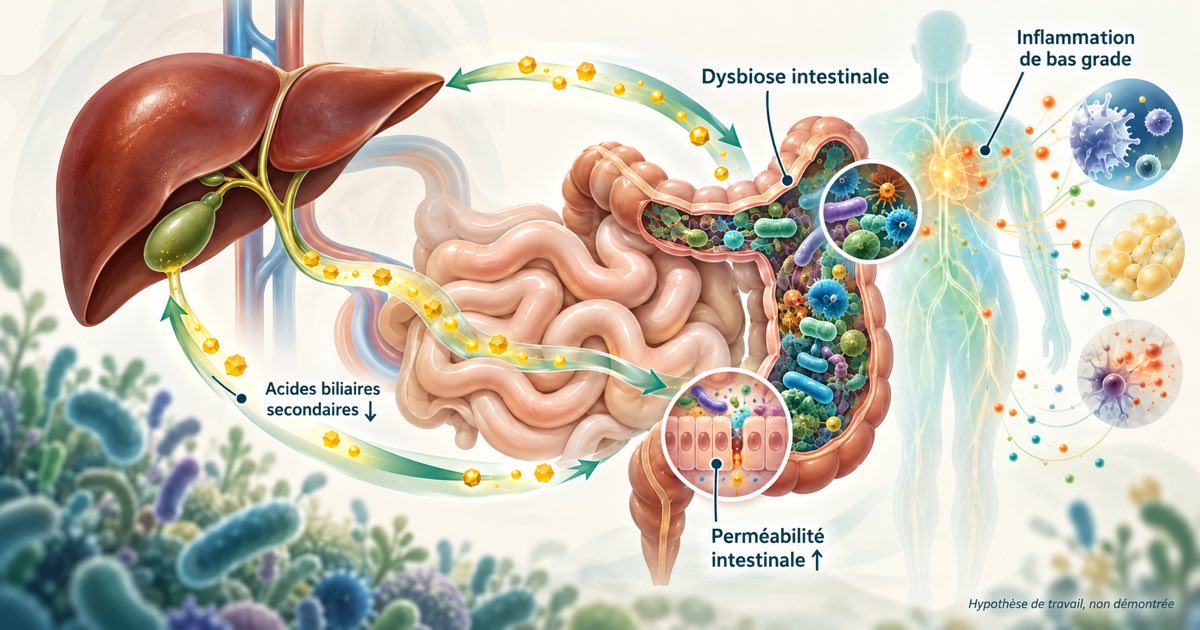 Illustration du mécanisme proposé : le foie et les acides biliaires secondaires reliés à l'intestin, avec dysbiose intestinale, perméabilité intestinale accrue et inflammation de bas grade dans l'organisme