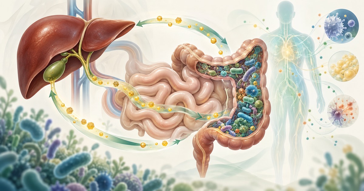 Illustration du lien entre foie, intestin et microbiote autour des acides biliaires