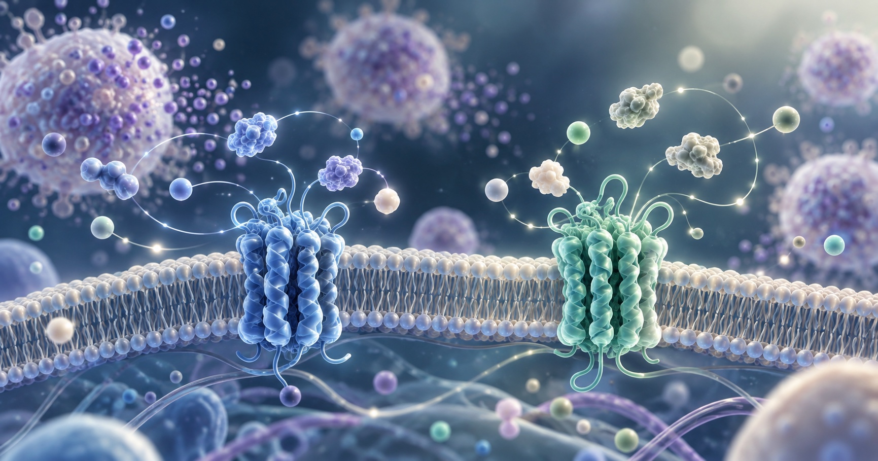 Illustration abstraite d'un réseau de médiateurs autour des antihistaminiques