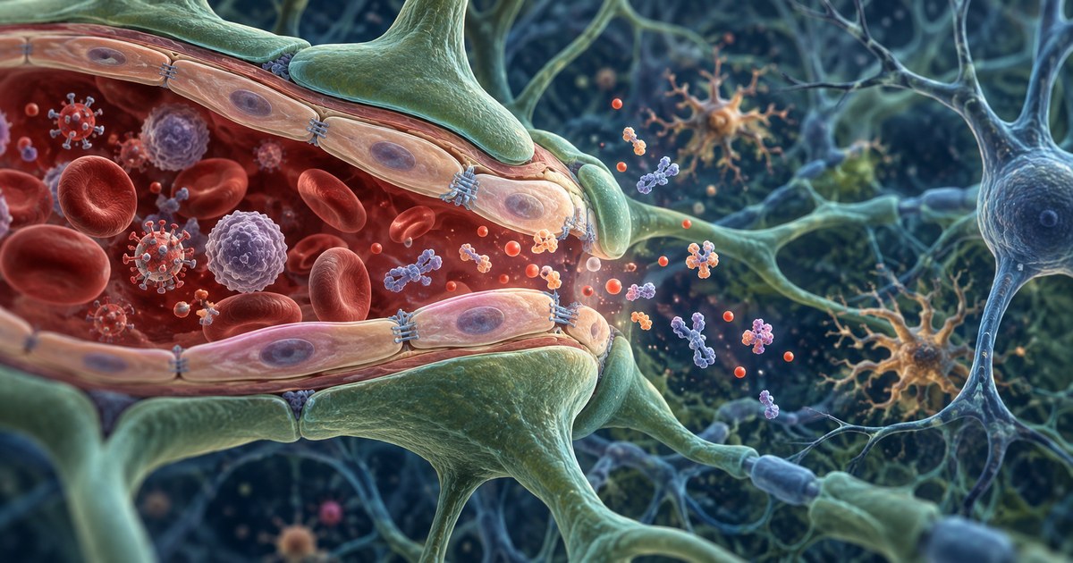 Schéma d'une barrière hémato-encéphalique dont les jonctions serrées se relâchent, laissant passer des médiateurs inflammatoires vers le tissu cérébral