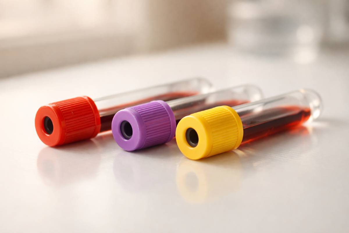 Tube de prélèvement sanguin et feuille de résultats d'analyse, symbolisant le bilan biologique dans le Covid long