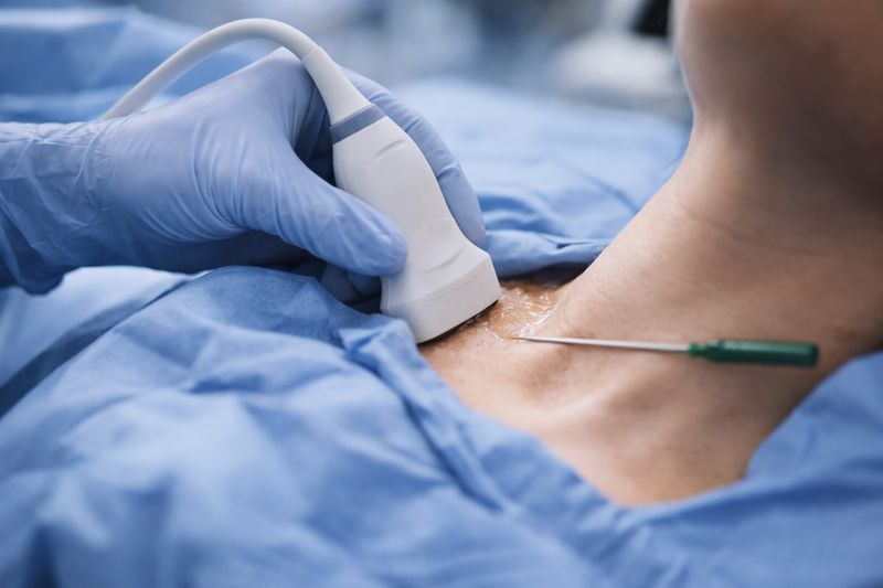 Bloc du ganglion stellaire sous guidage échographique : sonde et aiguille en place sur le cou