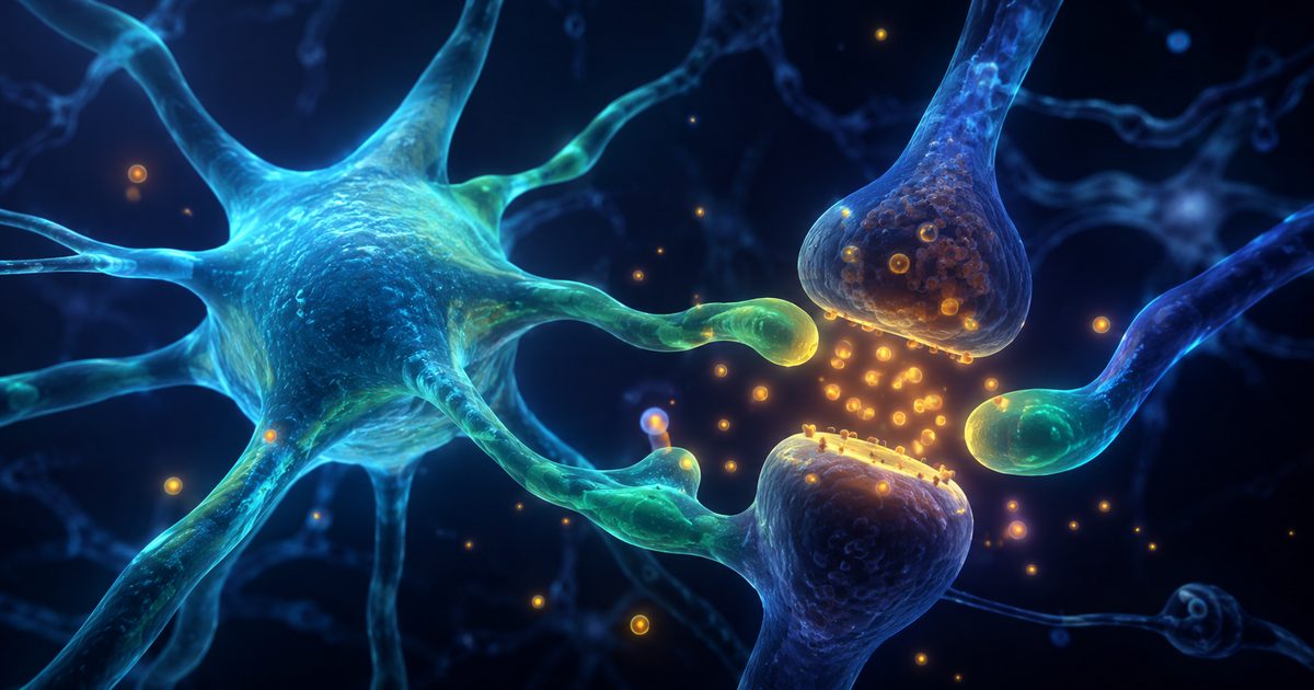 Illustration conceptuelle de neurones et astrocytes montrant l'excitotoxicité glutamatergique
