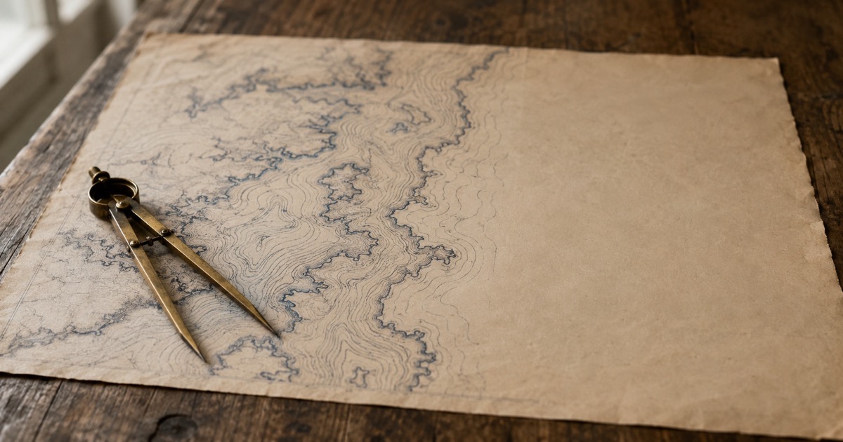 Feuille de carte ancienne posée sur une table en bois, dont les lignes de relief à l'encre bleue couvrent la moitié gauche puis s'interrompent, la moitié droite restant vierge ; un compas à pointes sèches en laiton repose sur la partie tracée