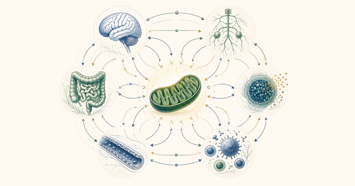 Représentation schématique d'un réseau biologique en six nœuds interconnectés, symbolisant les systèmes dérégulés dans les maladies chroniques complexes