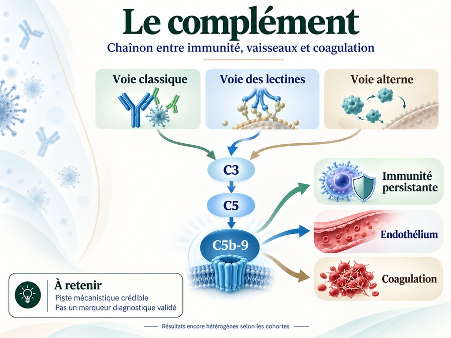Infographie : le complément, chaînon entre immunité, vaisseaux et coagulation. Les voies classique, des lectines et alterne convergent vers C3 puis C5, jusqu'au complexe terminal C5b-9, qui agit sur trois versants : immunité persistante, endothélium et coagulation.