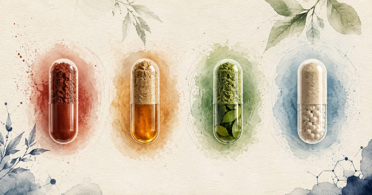 Capsules de compléments alimentaires sur fond naturel — article sur les erreurs courantes de supplémentation dans le Covid long