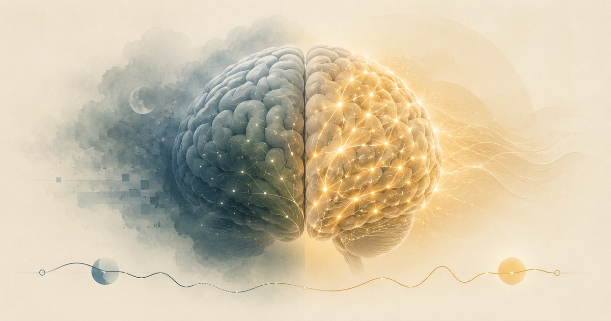 Représentation d'un cerveau partagé entre brouillard cognitif, sommeil fragmenté et réseau neuronal hyperactif