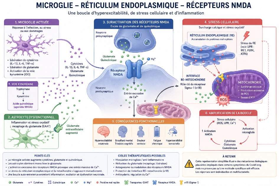Représentation de la boucle microglie, glutamate, récepteurs NMDA et stress cellulaire dans le Covid long
