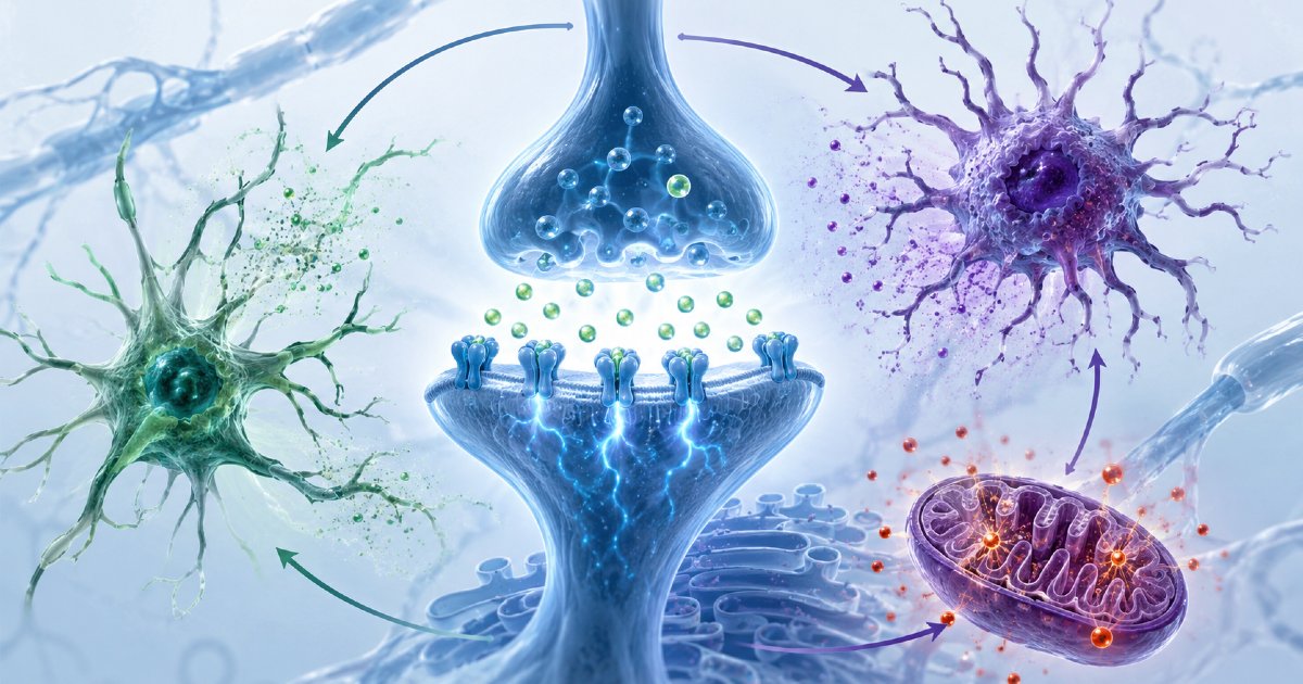 Illustration biomédicale d'une synapse avec récepteur NMDA, microglie, astrocyte, mitochondrie et réticulum endoplasmique