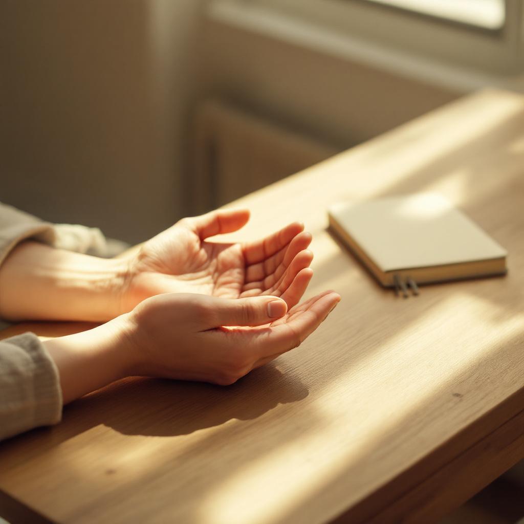 Mains au repos sur une table en bois — un moment de pause intentionnelle