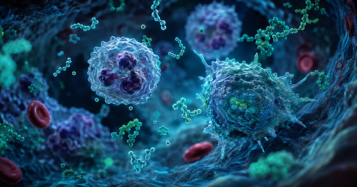 Représentation 3D de médiateurs lipidiques pro-résolutifs (SPMs) en interaction avec des cellules immunitaires, fonds marine et vert forêt