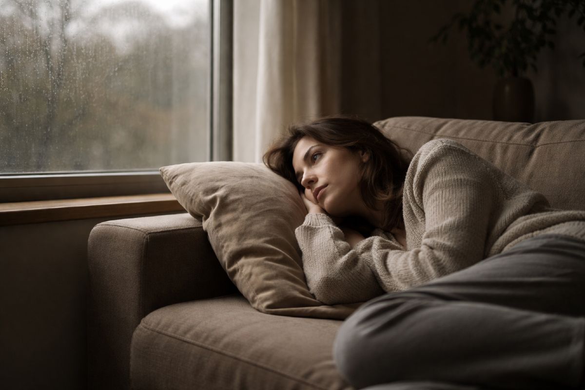Femme allongée sur un canapé, fatiguée, regardant par la fenêtre un jour de pluie — illustrant l'épuisement et l'isolement du Covid long