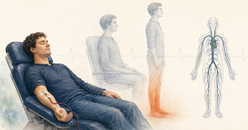 Illustration d'une personne allongée et détendue pendant un don de sang, avec une transition figurée montrant le risque de chute de tension en position debout