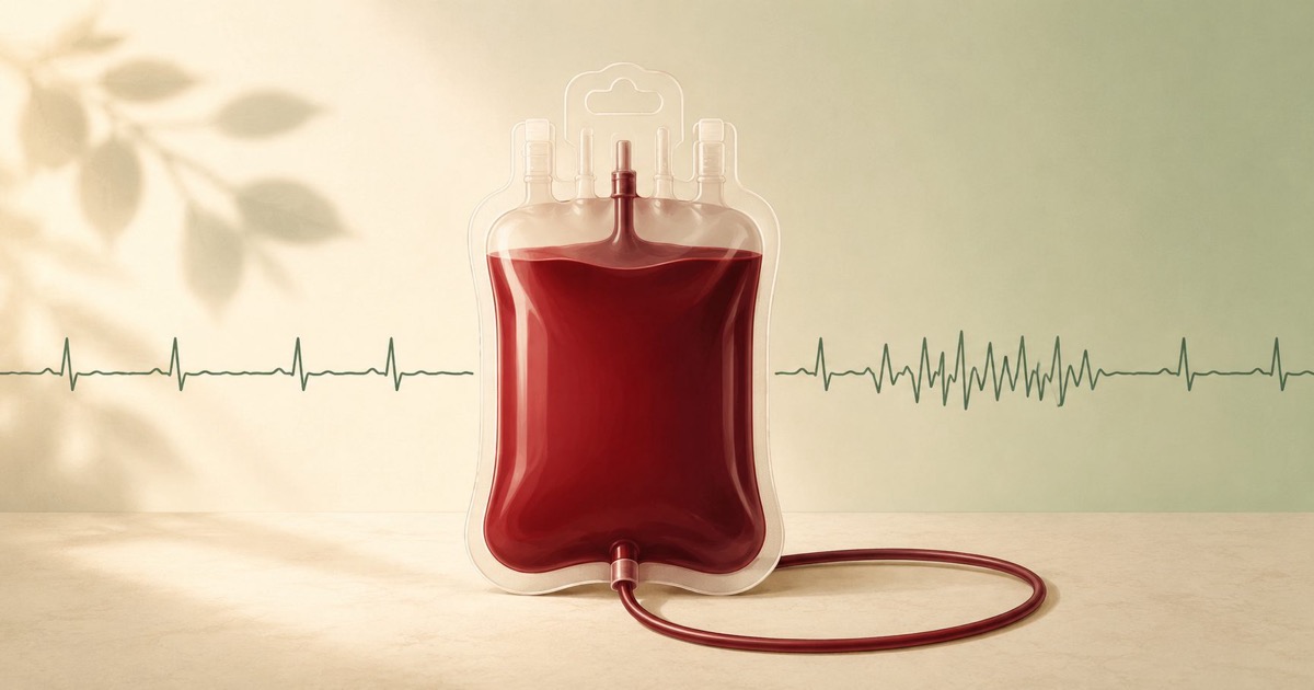 Illustration médicale représentant une poche de don du sang avec un tracé de fréquence cardiaque en arrière-plan, symbolisant la question de la tolérance physiologique au don de sang