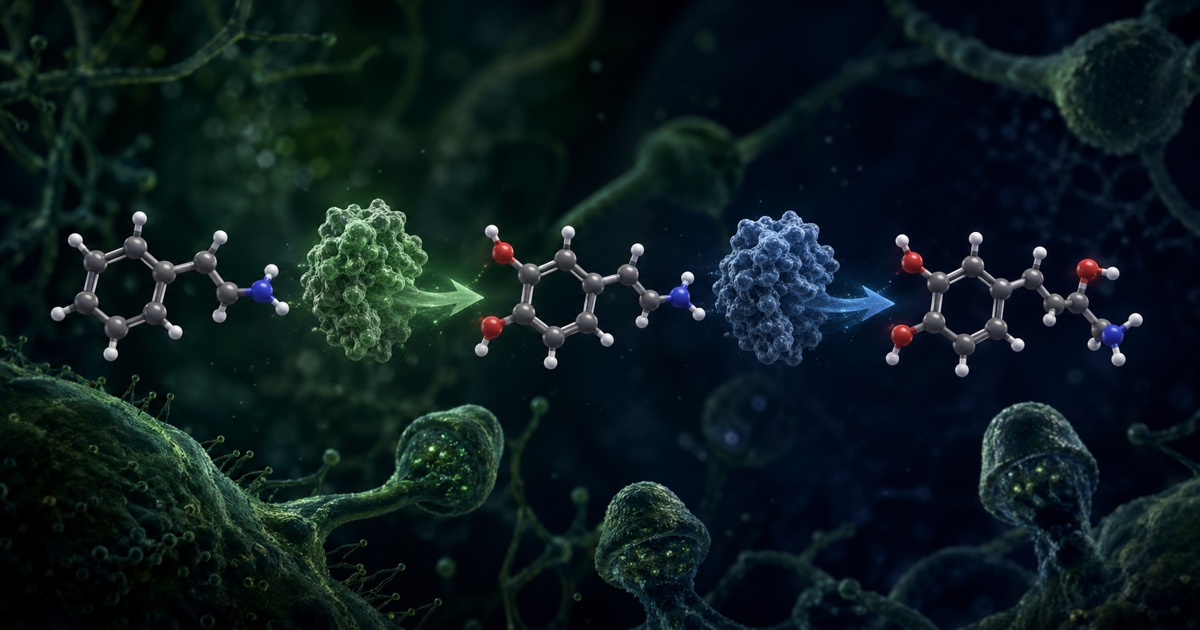Représentation moléculaire 3D de la cascade catécholaminergique — dopamine, noradrénaline et β-phényléthylamine sur fond scientifique sombre