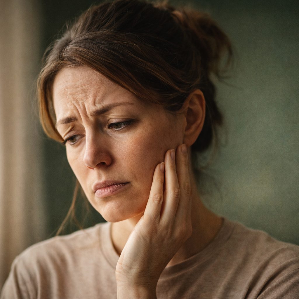 Femme tenant sa joue, exprimant une fatigue chronique liée à l'inflammation buccale