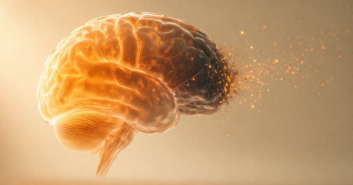 Cerveau translucide lumineux dont la partie frontale s'éteint et se désintègre en particules dorées, sur fond crème doux