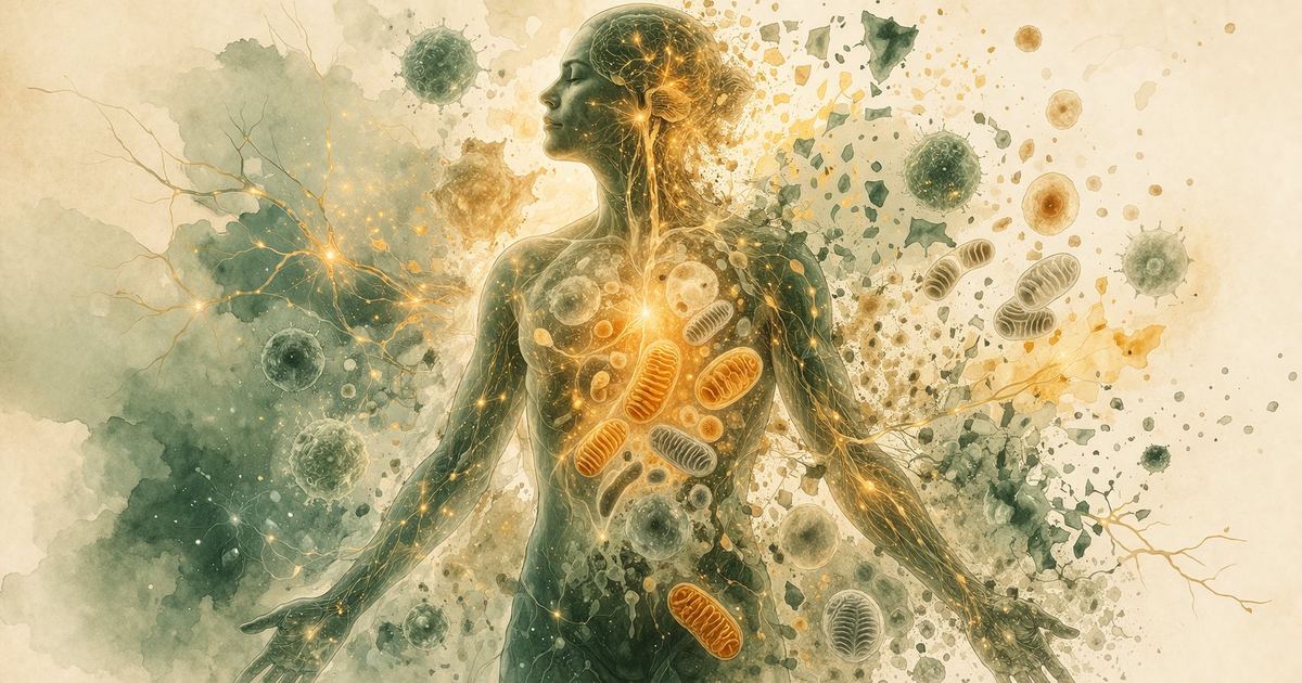 Illustration conceptuelle de l'encéphalomyélite myalgique montrant les systèmes biologiques impliqués