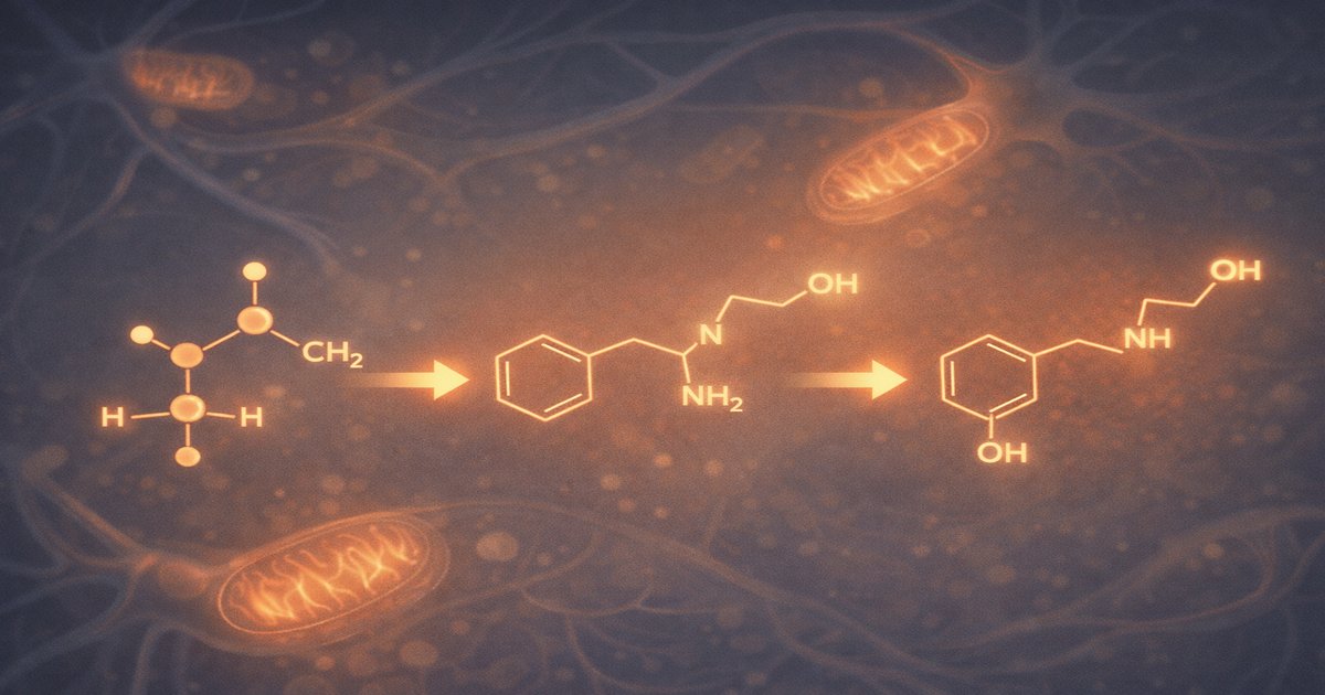 Illustration abstraite représentant une cellule épuisée avec des mitochondries défaillantes et un flux d'énergie perturbé
