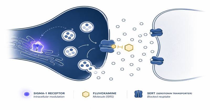 Schéma du mécanisme d'action de la fluvoxamine — synapse sérotoninergique, SERT et récepteur sigma-1 au niveau de la MAM