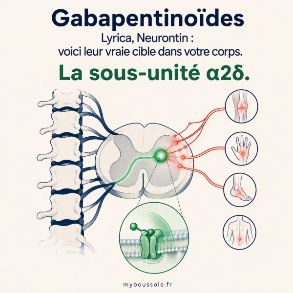 Illustration de la moelle épinière montrant la sous-unité alpha-2-delta, cible des gabapentinoïdes