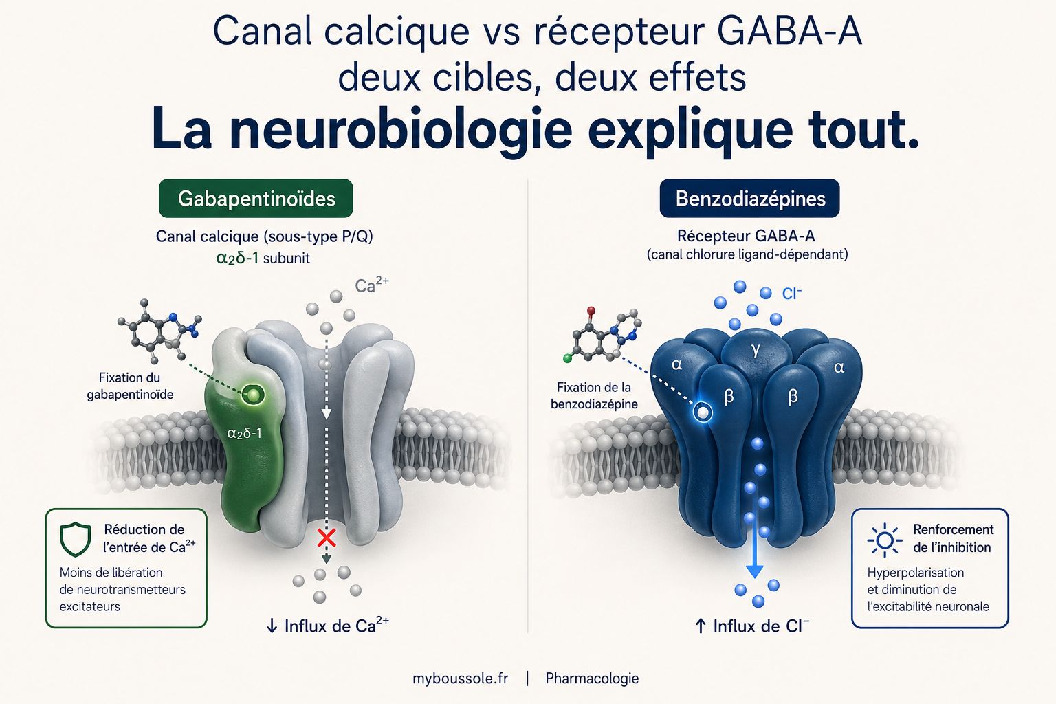 Comparaison entre canal calcique ciblé par les gabapentinoïdes et récepteur GABA-A ciblé par les benzodiazépines