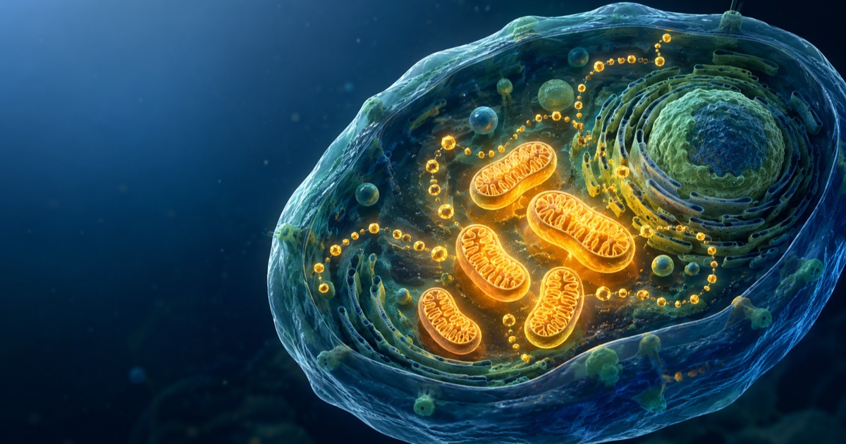 Mitochondrie stylisée avec flux d'électrons et production d'ATP