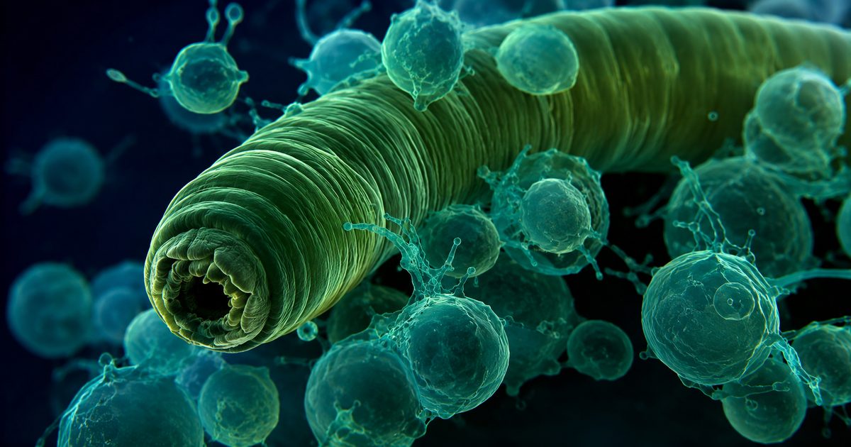 Représentation microscopique d'un helminthe dans un tissu intestinal humain — structure annulée caractéristique d'un nématode