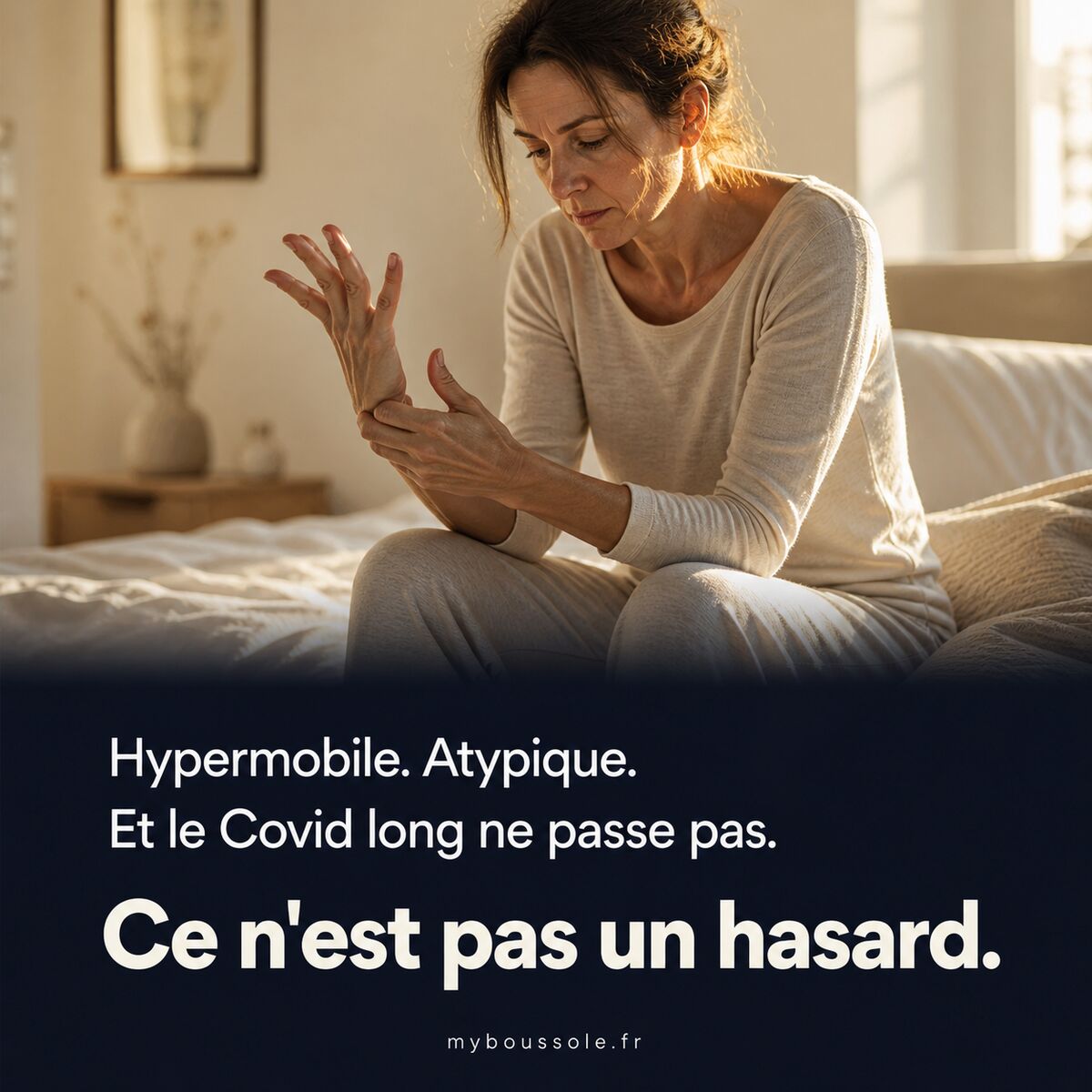 Femme hypermobile regardant ses mains — profil prédisposant au Covid long