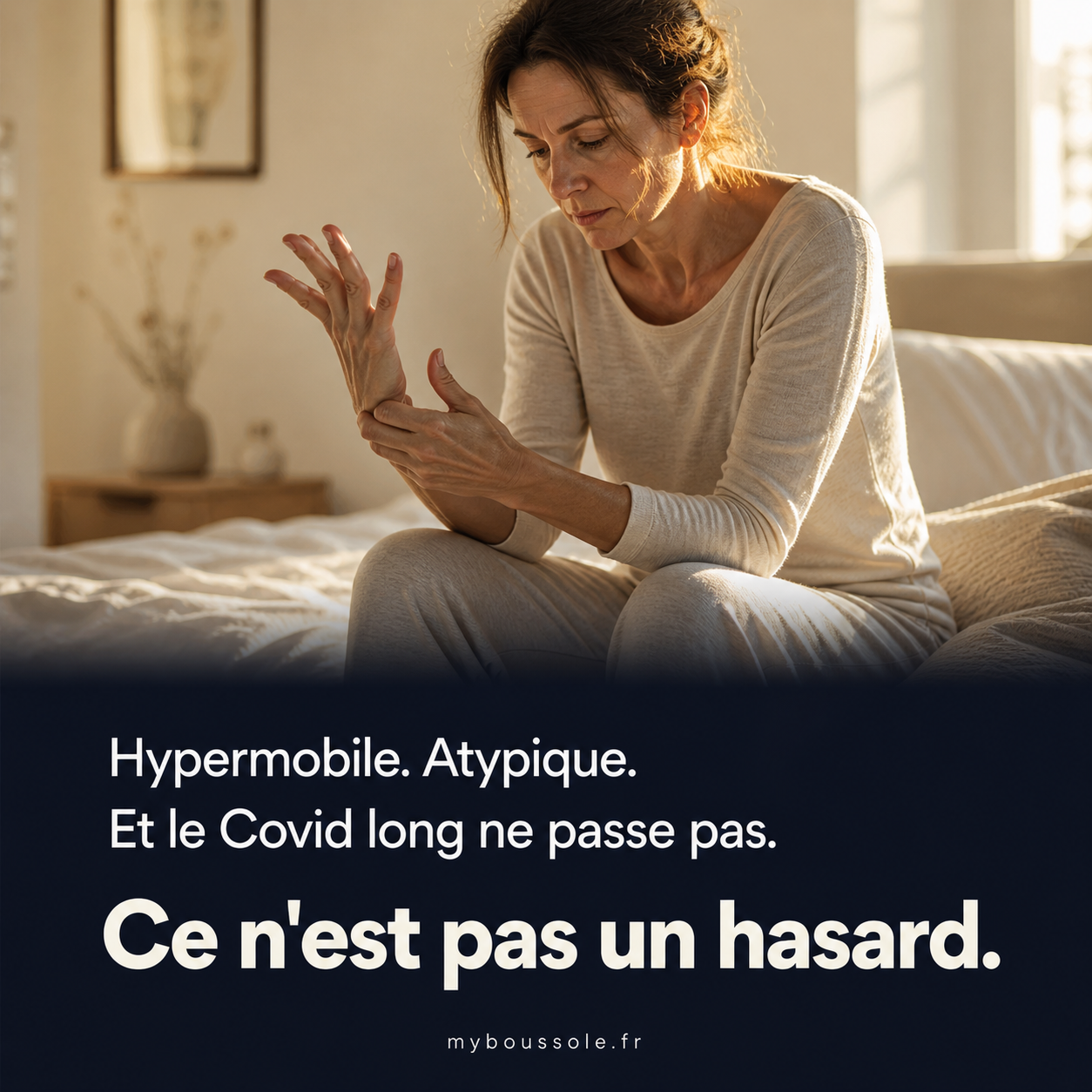 Femme hypermobile regardant ses mains — profil prédisposant au Covid long