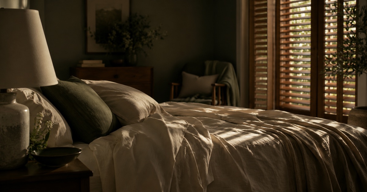 Chambre en pénombre, persiennes mi-closes, une lame de lumière posée sur le lit, une lampe éteinte au premier plan