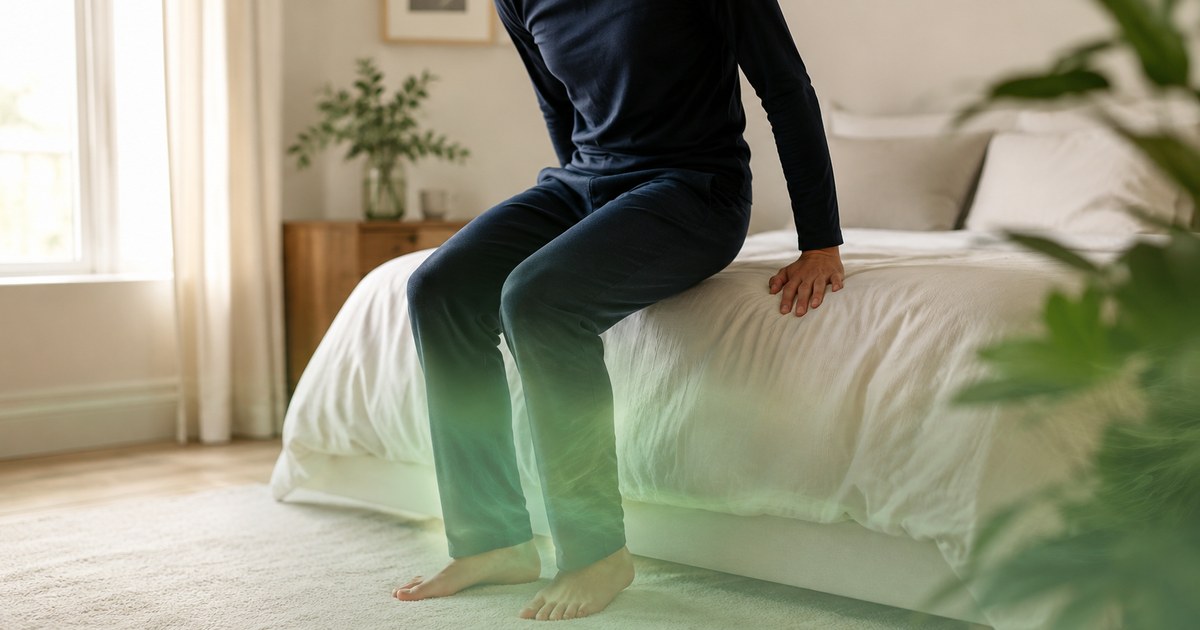 Photo d'une personne assise au bord d'un lit, sur le point de se lever, avec une légère lueur verte sur le bas des jambes symbolisant l'accumulation de sang dans les membres inférieurs