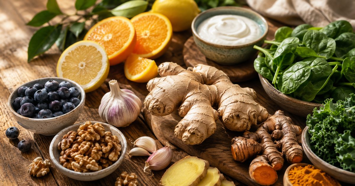 Assortiment d'aliments riches en nutriments immunitaires : agrumes, huîtres, champignons shiitake, ail et épinards sur fond bois