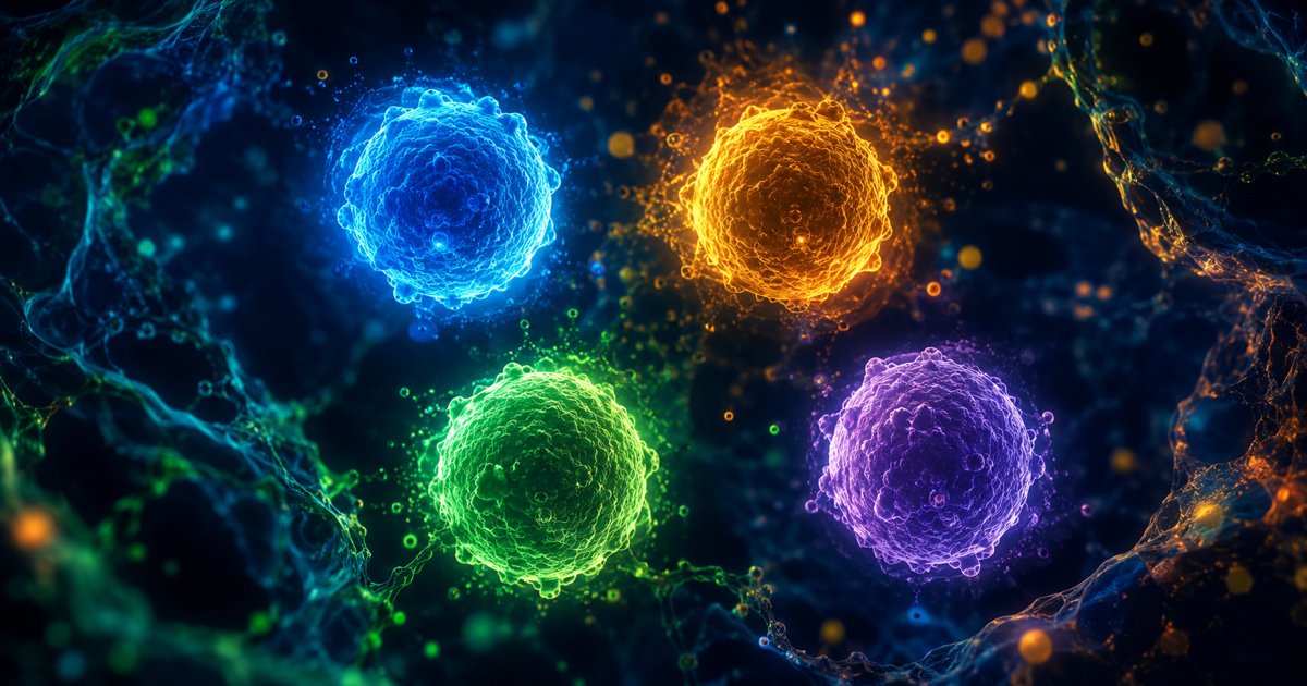 Représentation de la polarisation immunitaire — cellules Th1, Th2, Th17 et Treg dans un environnement cellulaire coloré