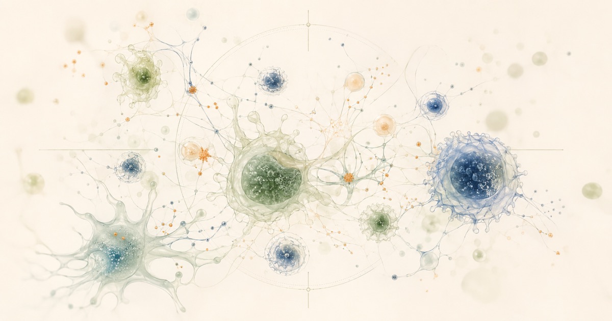 Illustration abstraite d'un réseau immunitaire reliant cellules et marqueurs infectieux latents