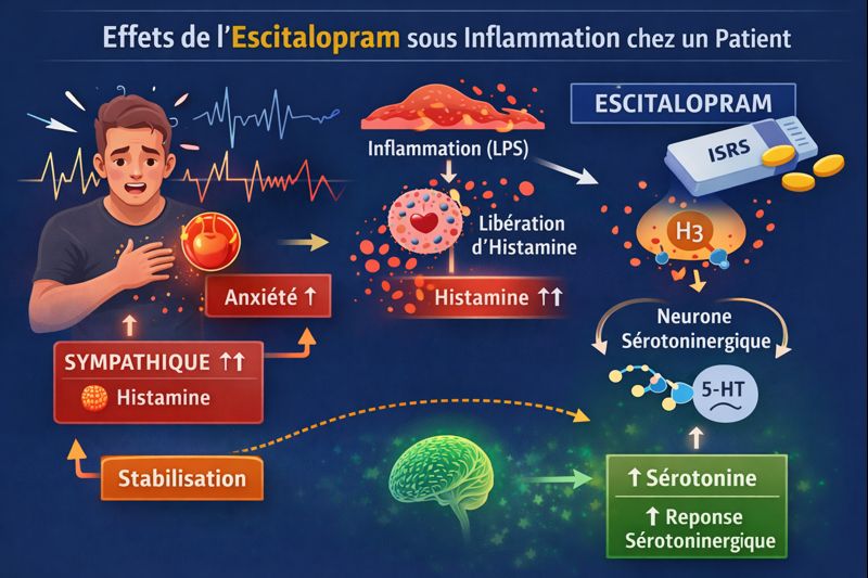 Schéma illustrant l'escitalopram sous inflammation, avec libération d'histamine, frein H3 et réponse sérotoninergique