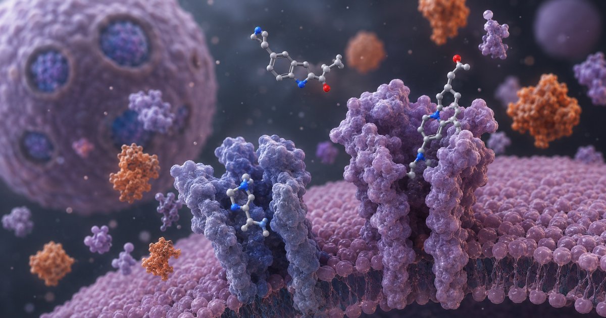 Représentation moléculaire des interactions sérotonine-histamine dans le cerveau, fond sombre avec structures moléculaires lumineuses