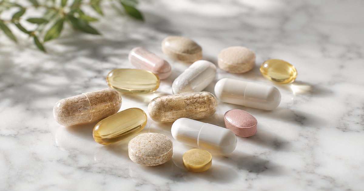 Compléments alimentaires et gélules de vitamines sur un plan de travail, illustrant la question des limites de sécurité