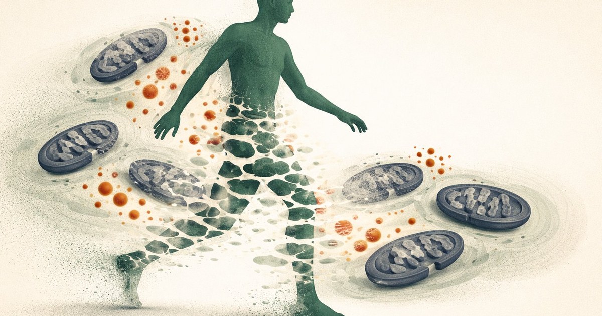 Illustration abstraite d'une cellule musculaire avec mitochondries sous-alimentées en énergie, palette verte et crème