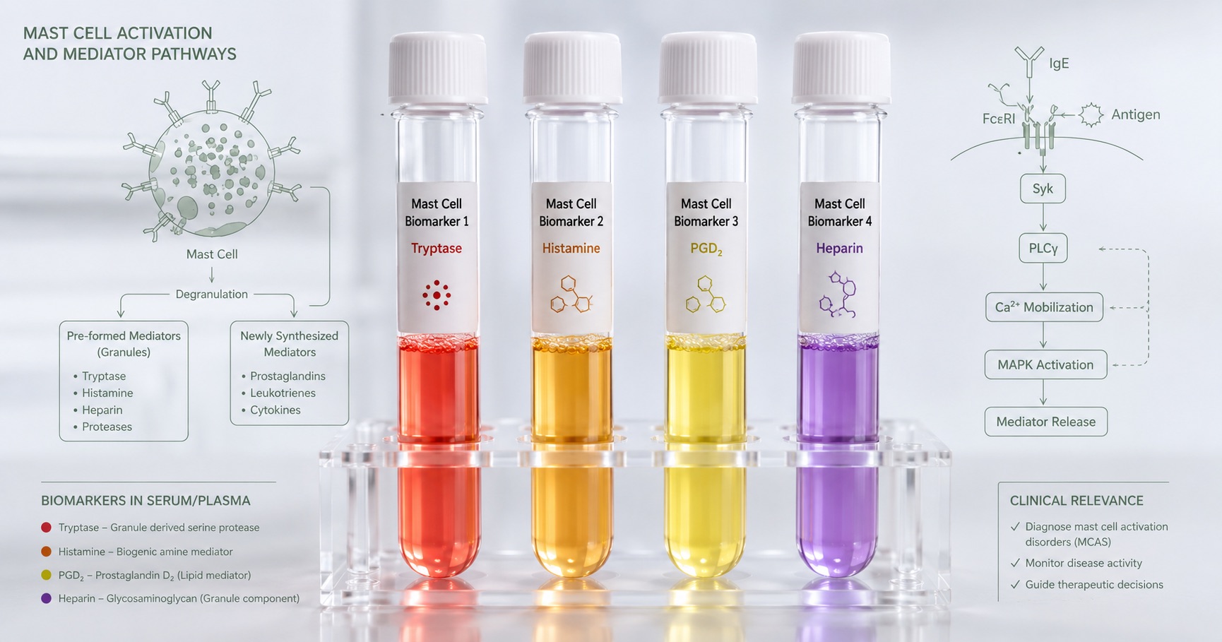 Vue d'ensemble des biomarqueurs mastocytaires : tryptase, histamine, prostaglandines et leucotriènes — les quatre axes du bilan MCAS