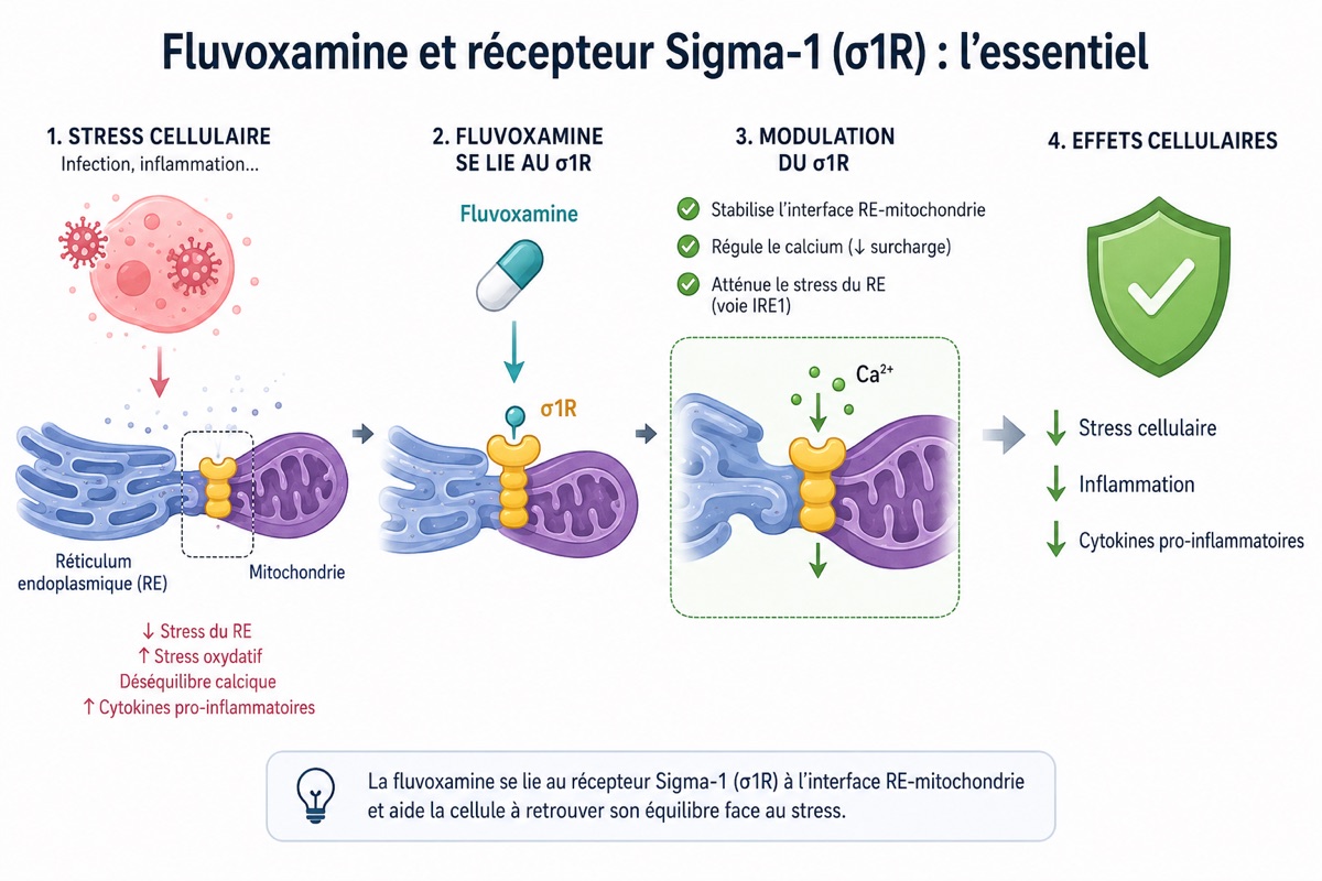Schéma expliquant comment la fluvoxamine se lie au récepteur Sigma-1 à l'interface réticulum endoplasmique-mitochondrie pour moduler le stress cellulaire et l'inflammation