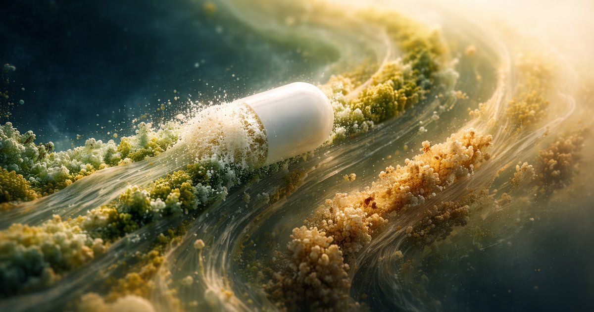 Représentation abstraite de molécules pharmaceutiques interagissant avec une communauté bactérienne intestinale