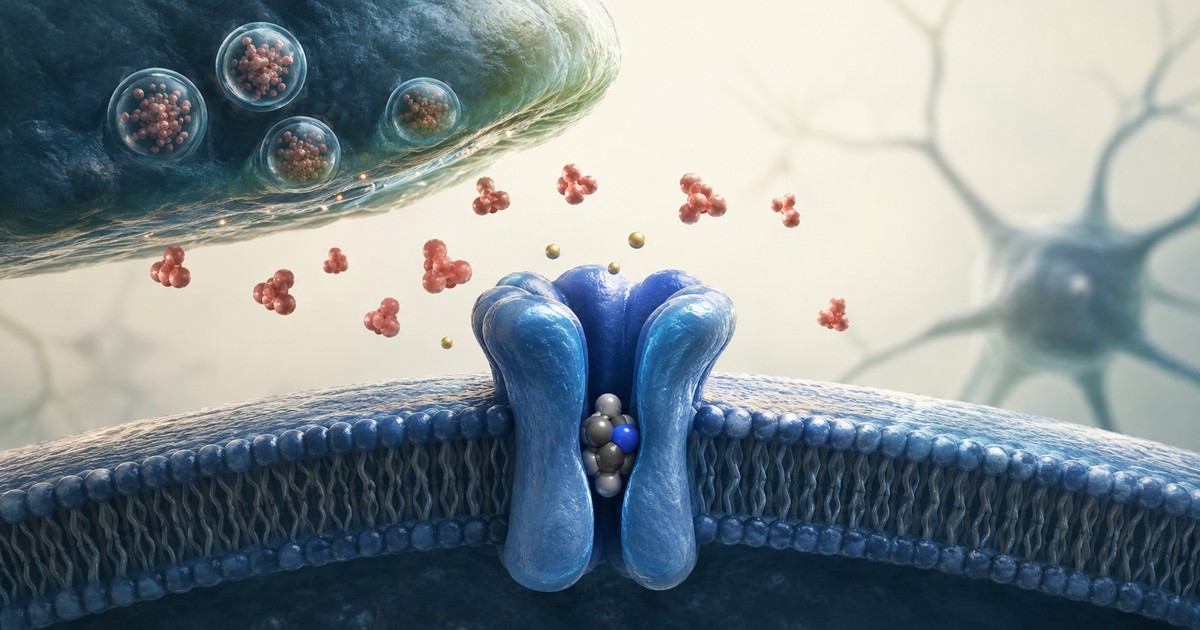 Canal NMDA traversant une membrane neuronale, avec la mémantine dans le pore et des molécules de glutamate autour de la synapse