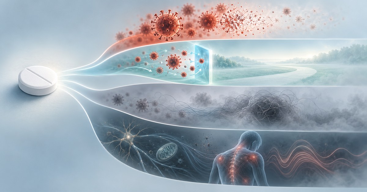 Illustration : d'un comprimé blanc partent trois trajectoires. La première écarte les particules virales et débouche sur un paysage dégagé ; les deux autres s'enfoncent dans un brouillard où persistent virus, mitochondries et douleurs diffuses.