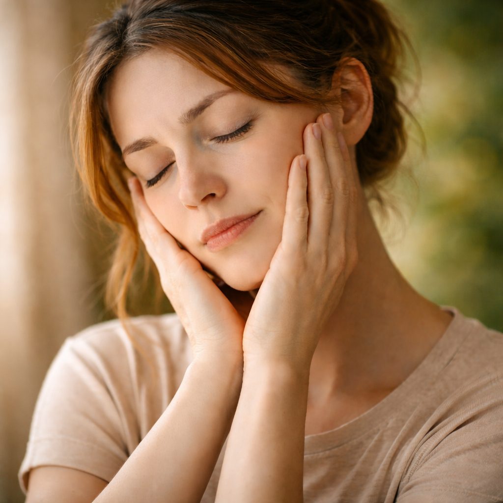 Femme tenant son visage entre ses mains, exprimant la fatigue du Covid long