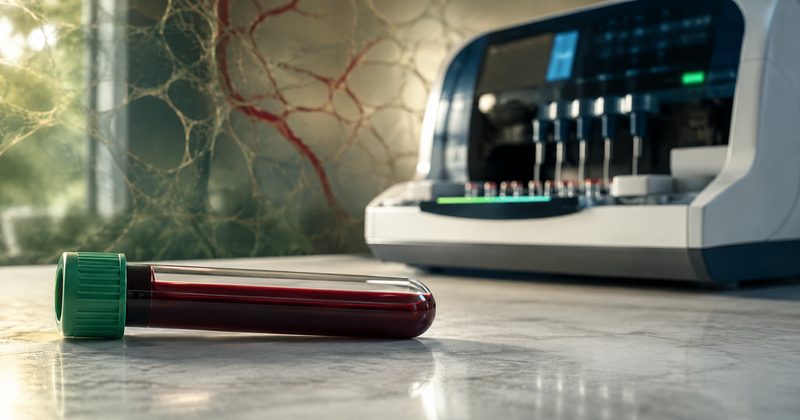 Tube de sang et analyseur de laboratoire, rappelant que les microcaillots restent une piste biologique spécialisée