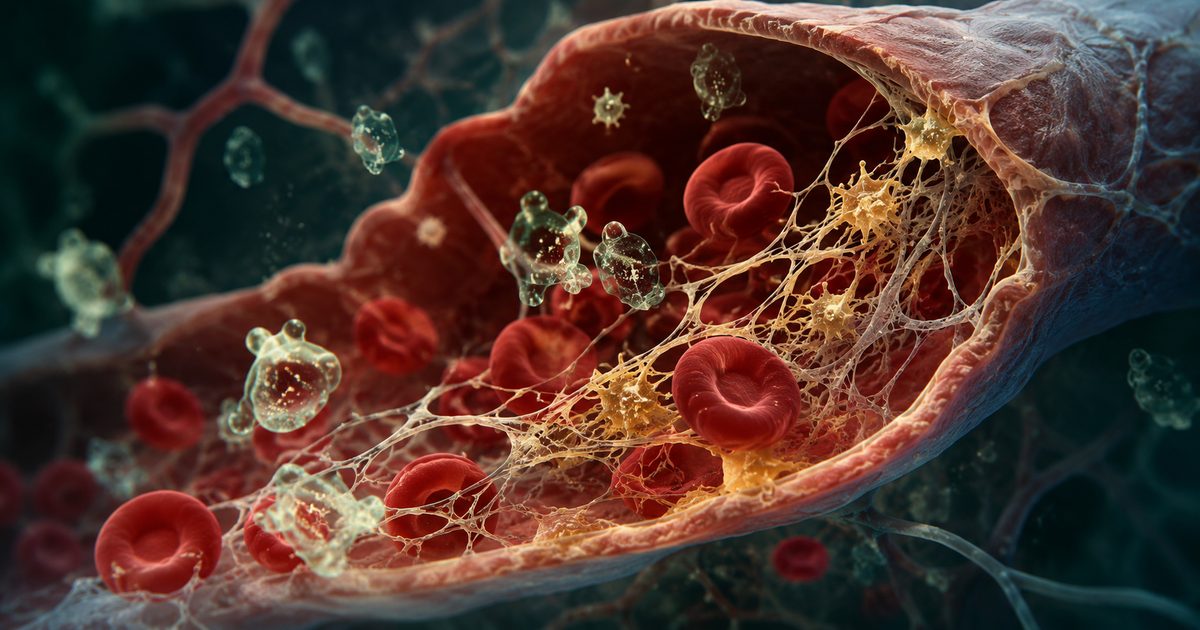 Illustration scientifique de microcirculation, fibrine et enzymes fibrinolytiques naturelles