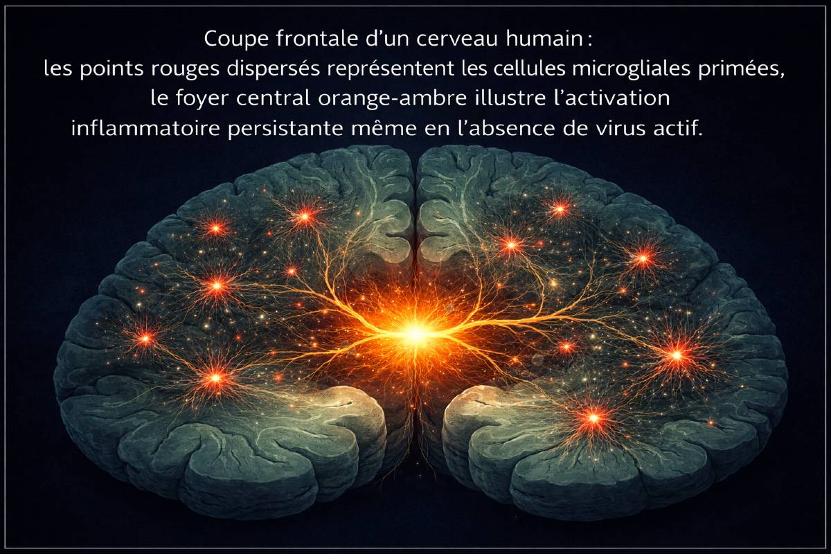 Représentation schématique d'une cellule microgliale en état d'alerte dans le tissu cérébral