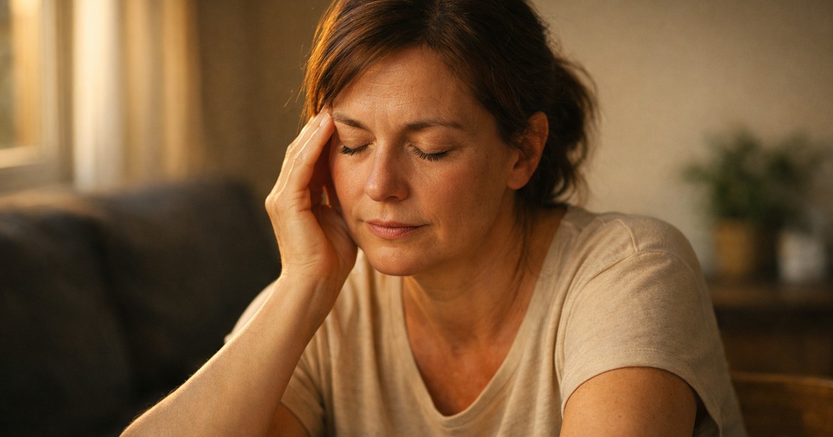 Femme tenant sa tempe, lumière chaude, expression d'épuisement chronique